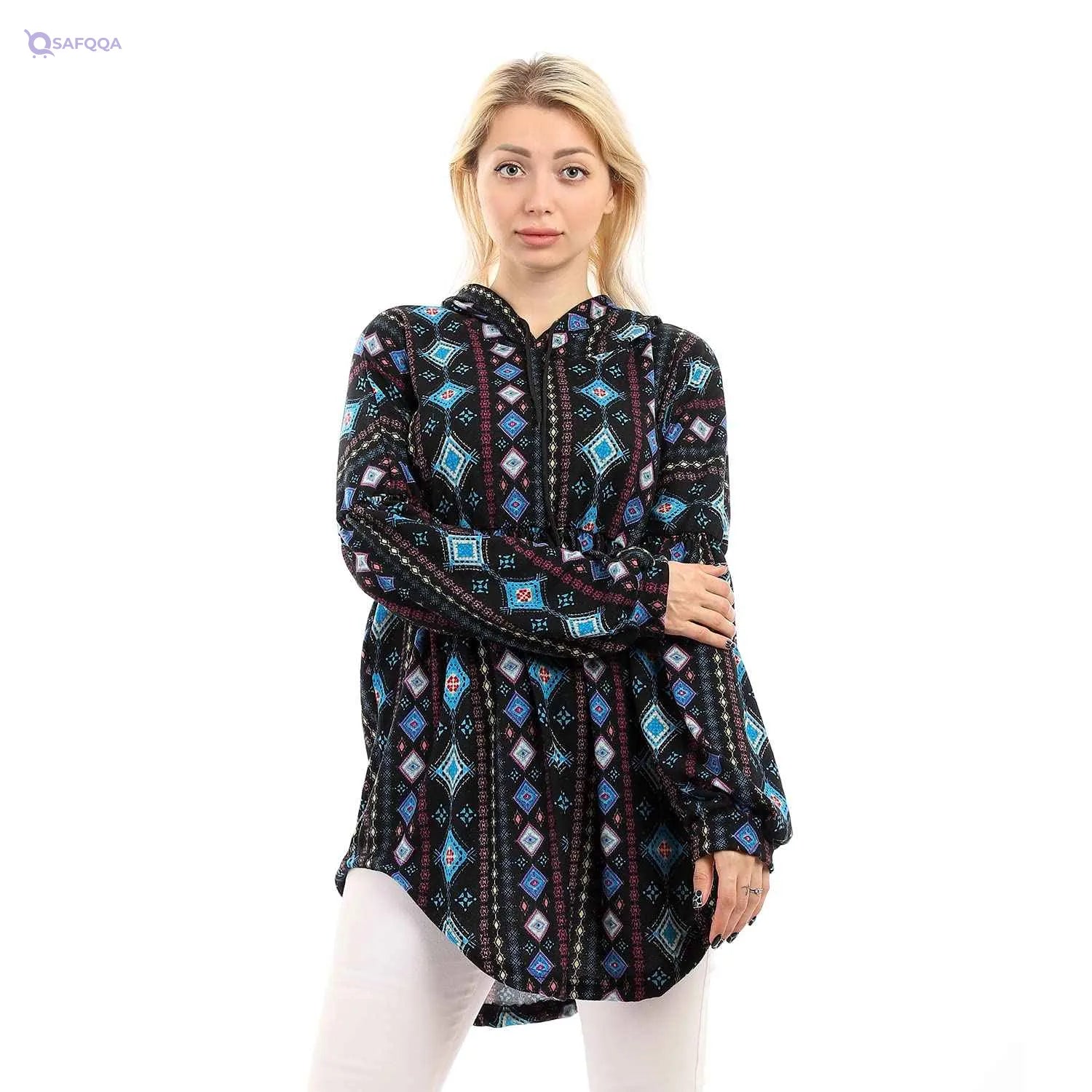 Andora Geometric Pattern  Slip On Long Hoodie For Women,Durable stitching for long-lasting wear. - Safqqa