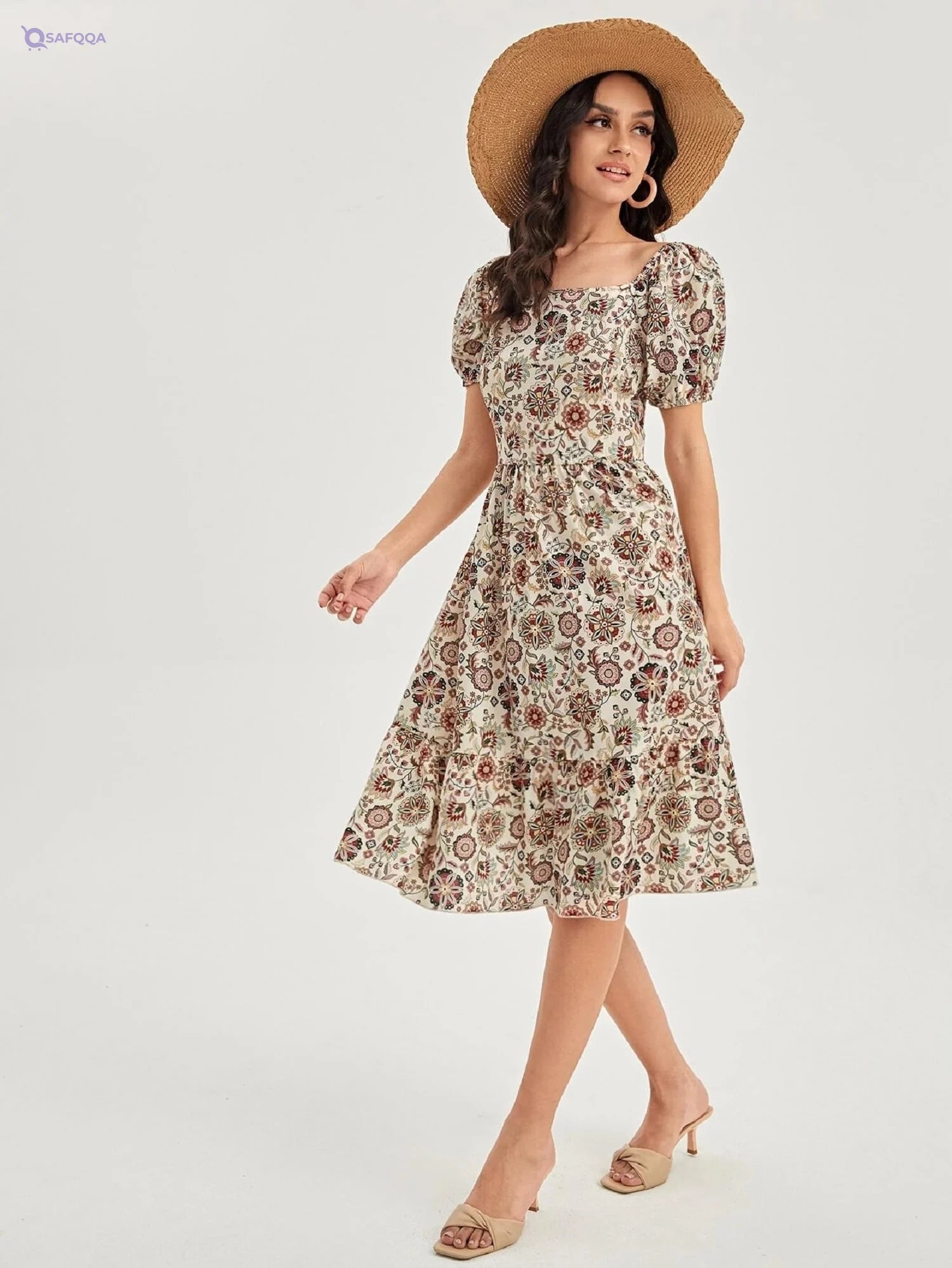 Lymio Women's Square Neck Half Sleeve Polyester Dress - Safqqa