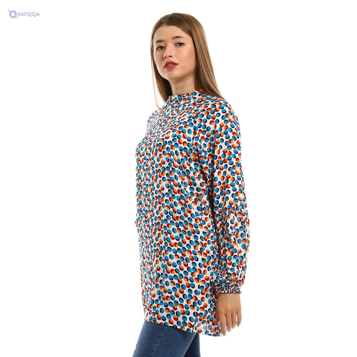 Andora Balloon Sleeves Dotted Blouse For Women,Classic round neckline for versatile styling. - Safqqa