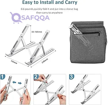 Adjustable Laptop Stand, Portable Aluminium Laptop Riser Laptop Holder for Desk, Foldable Ventilated Cooling Computer Support Stand for Apple MacBook Pro/Air, HP, Sony, Dell, More 10-15.6” - Safqqa