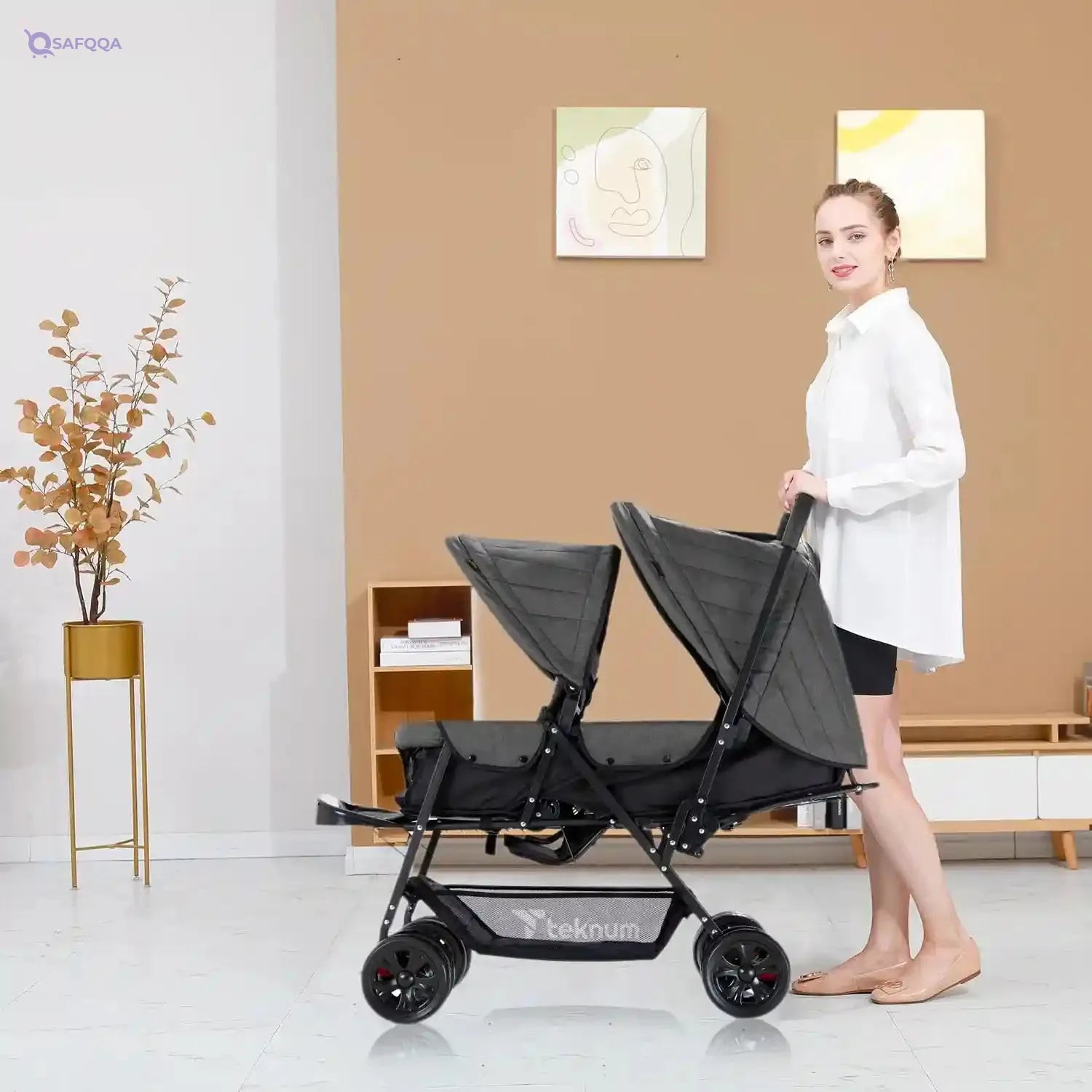 TEKNUM Double Baby Stroller Pram + Diaper Bag wt Stroller Hooks & Changing Mat + Pouch Wide Seat and Canopy Big Basket 5 Point Seat Belt Cushioned Seat (6-36 Months ) -Dark Grey - Safqqa