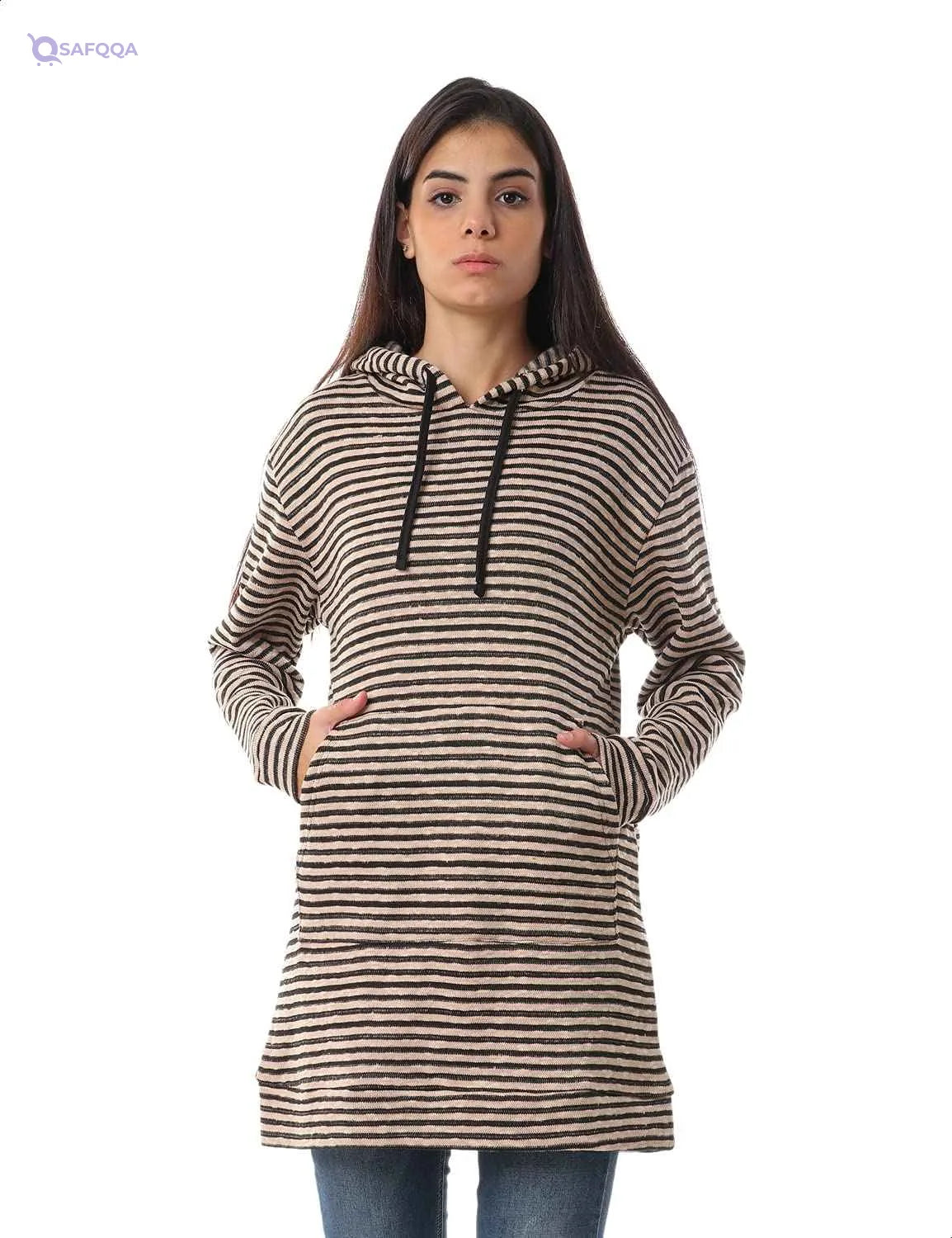 Jamila Women's Striped Hoodie with Kangaroo Pocket and Drawstring - Safqqa