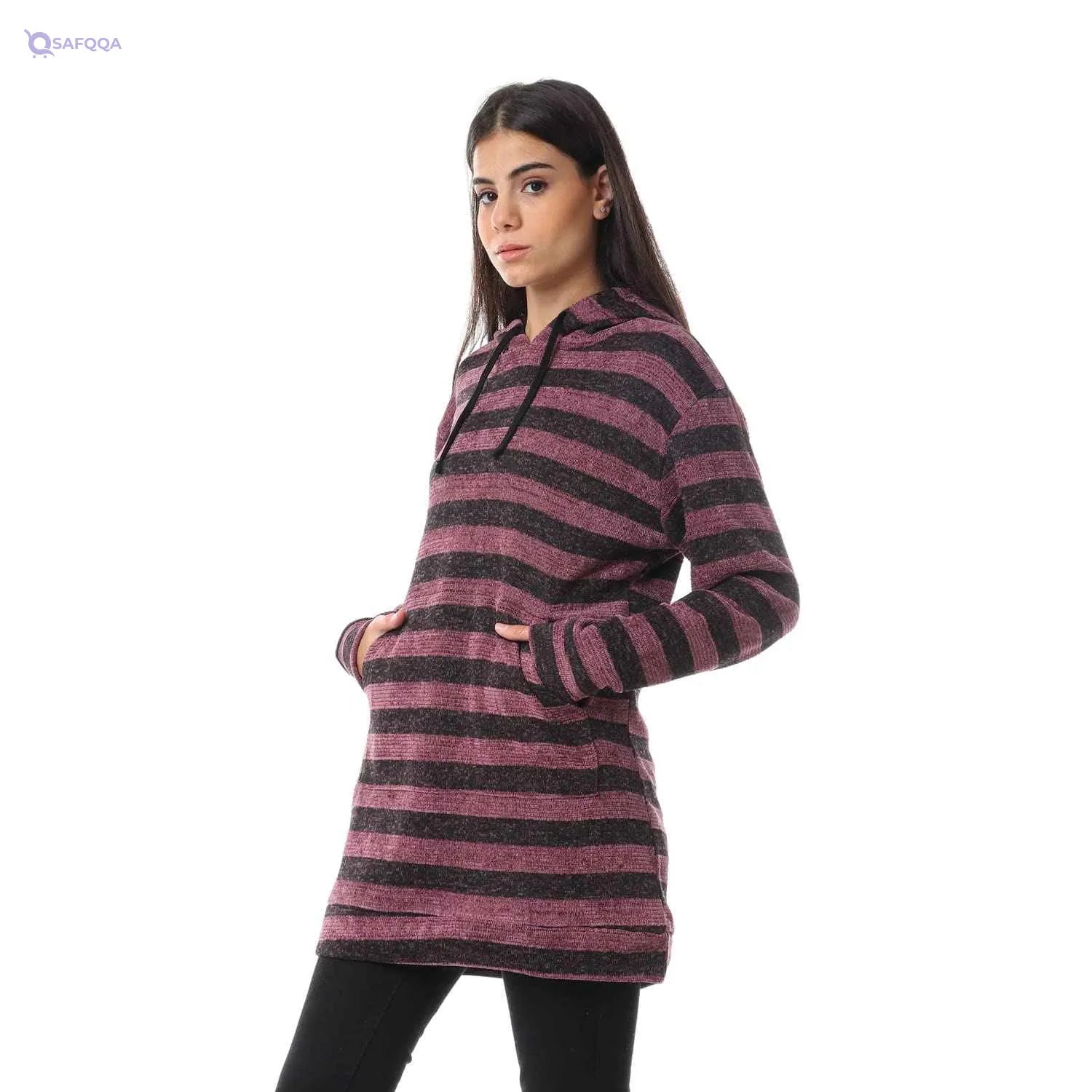 KADY Bi-Tone Striped Long Hoodie For Women,Classic hoodie design suitable for casual or sporty outfits. - Safqqa