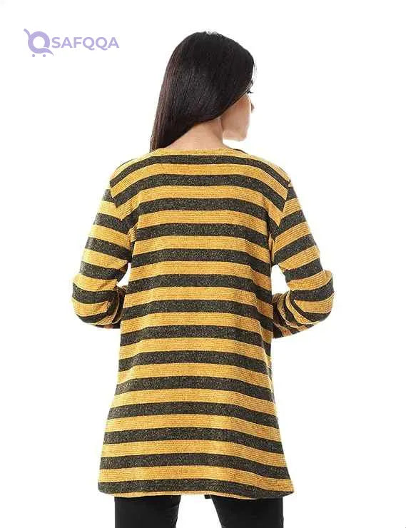 Jamila Women's Striped Open Cardigan with Front Pockets - Long Sleeves - Safqqa