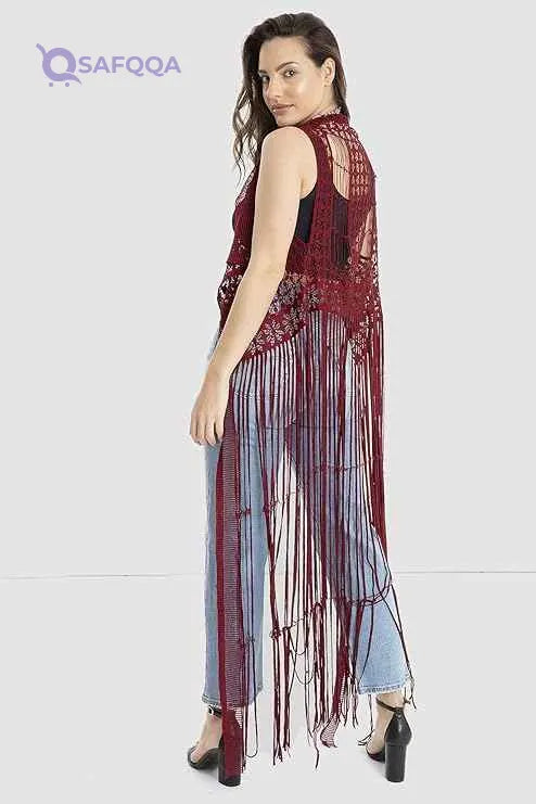 Jamila Women fringed net cardigan Sweater - Safqqa Egypt