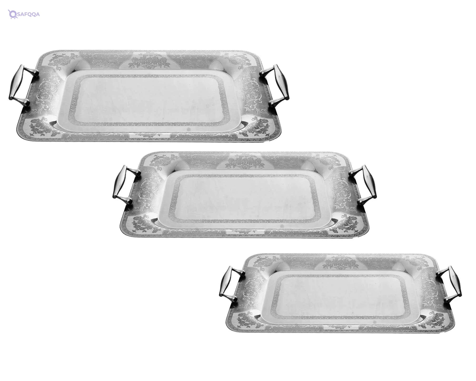 Jazz 3-Piece Stainless Steel Tray Set 18/10, Rectangular (29×41 + 34×46 + 37×51 cm) – Silver | Premium Quality with Slightly Damaged Box - Safqqa