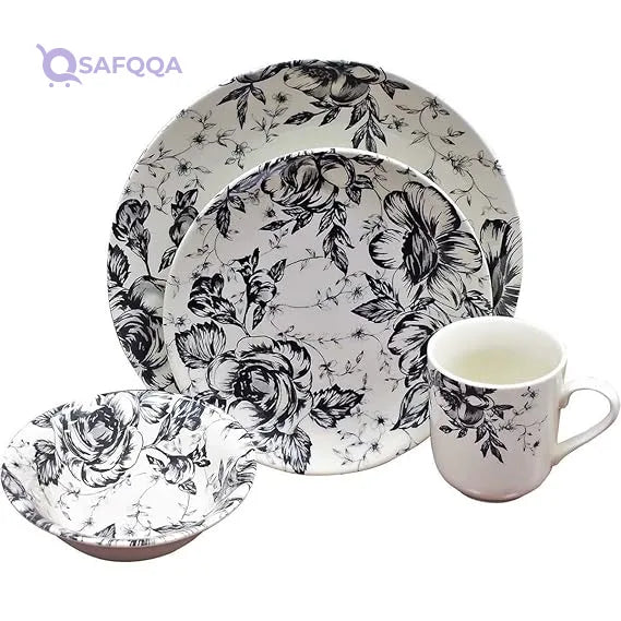 Claytan Floral Black Dinner Set 16Pc - Safqqa