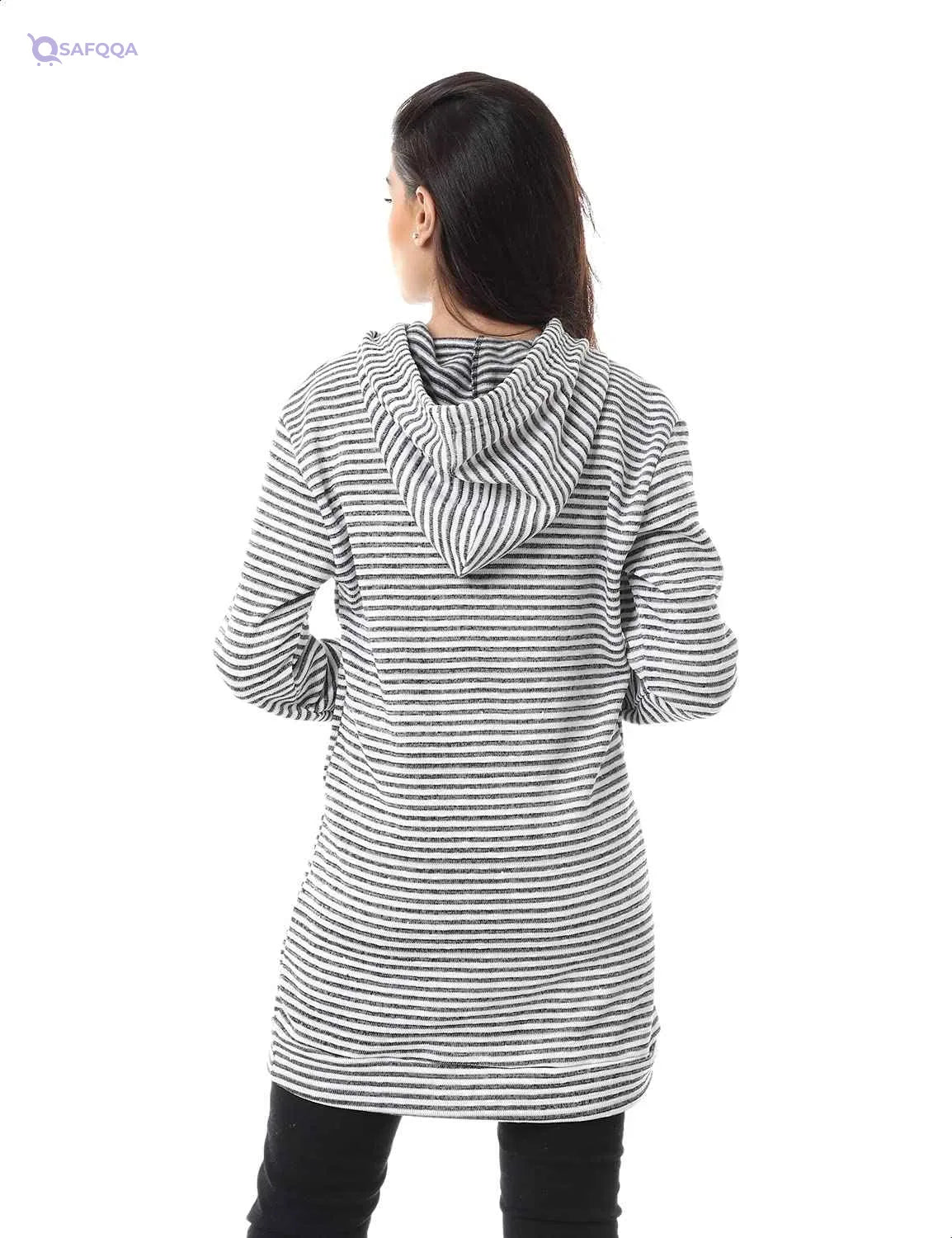 Hairline Stripes Kangaroo Pockets Drawstring Hoodie For Women,Long sleeves with ribbed cuffs for a snug fit.. - Safqqa