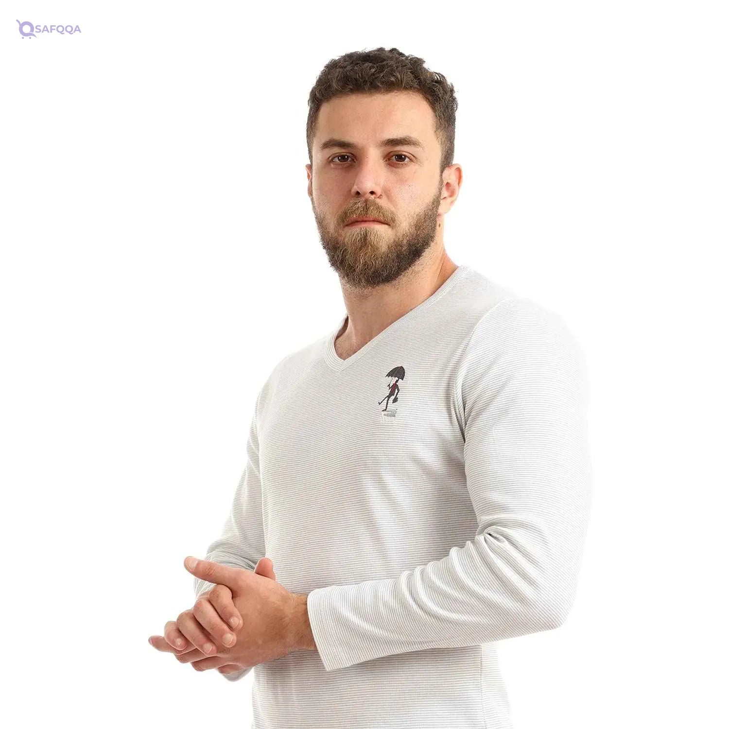 Off cliff Men’s Striped V-Neck Long Sleeve Top with Embroidery - Safqqa
