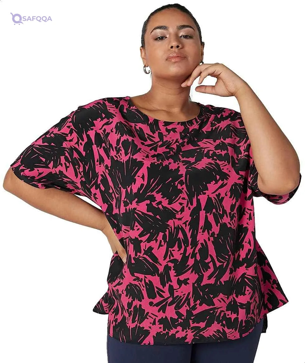 Splash High Low Patterned Short Sleeves Round Neck Blouse for Women - Fuchsia & Black - Safqqa Egypt