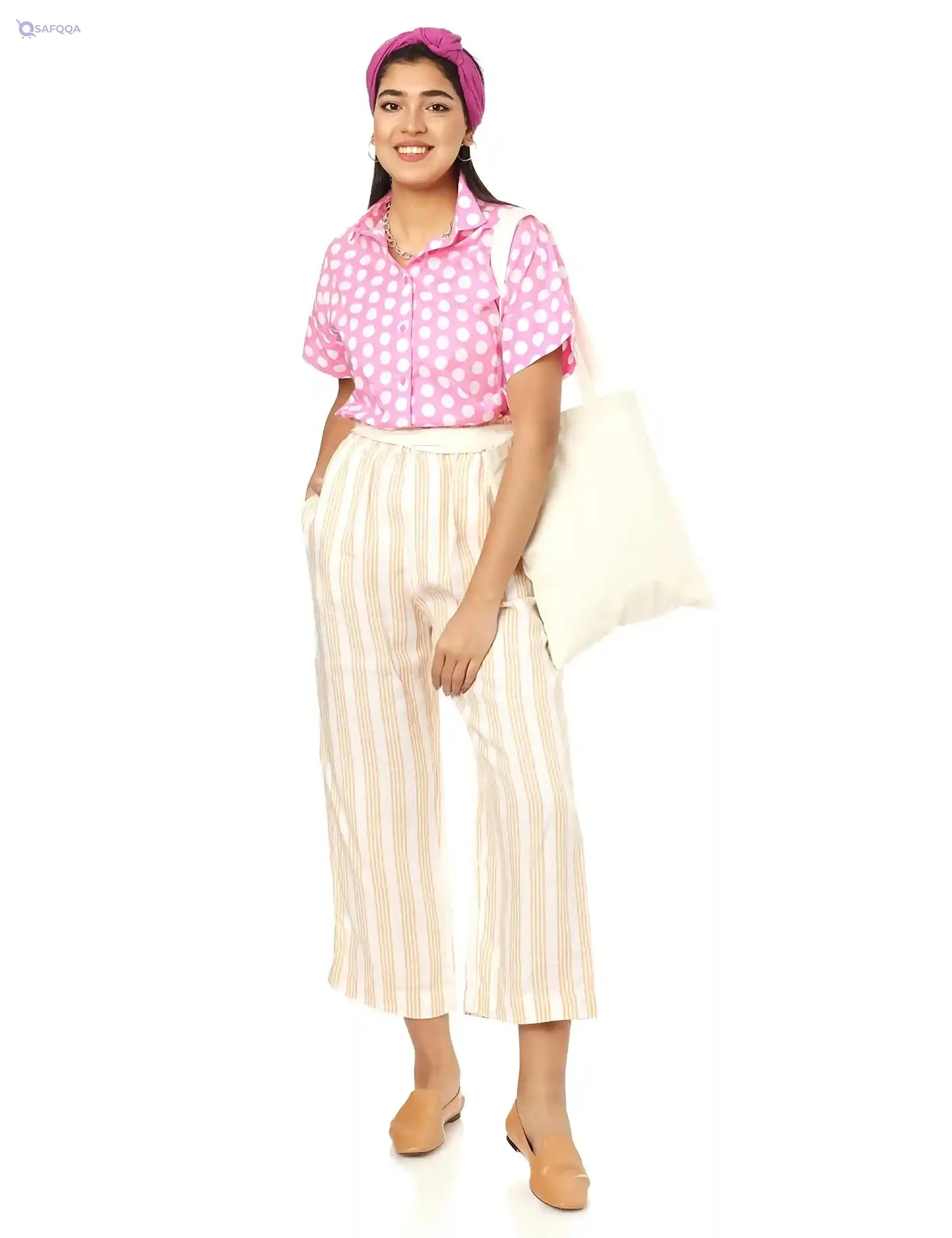 Splash Basic Polka Dot Cotton Short-Sleeve Rounded-Hem Button-Down Shirt For Women - Safqqa Egypt