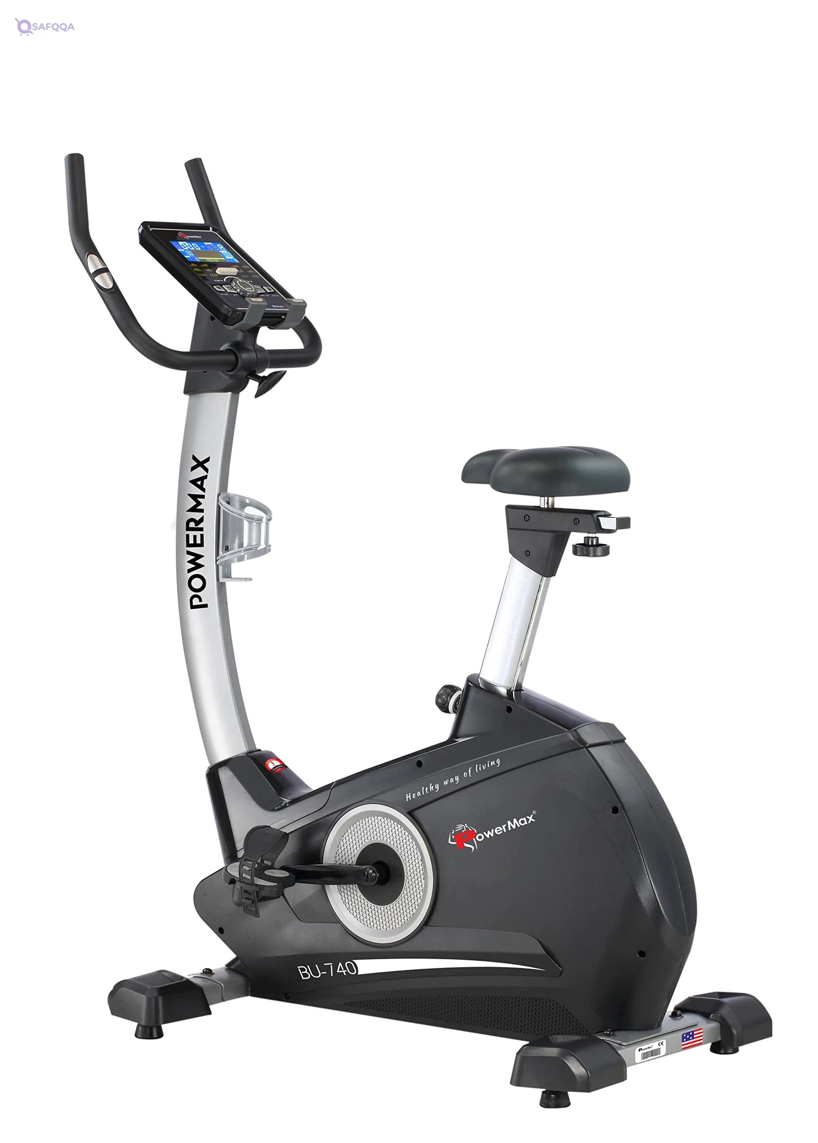 PowerMax Fitness BU-740 Upright Exercise Bike for Home Use – 8Kg Flywheel, 120kg Capacity, LCD Display, 10-Level Resistance - Safqqa