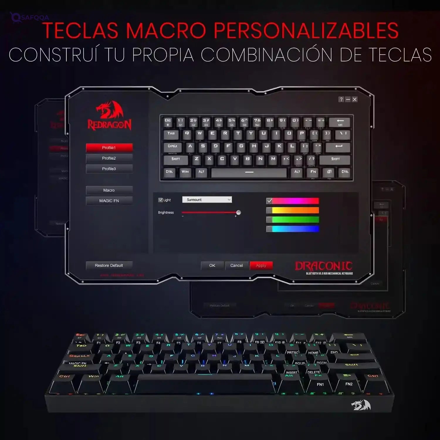 Redragon K530 Draconic 60% Compact Rgb Wireless Mechanical Keyboard, 61 Keys Tkl Designed 5.0 Bluetooth Gaming Keyboard With Brown Switches And 16.8 Million Rgb Lighting For Pc, Laptop, Cell Phone - Safqqa