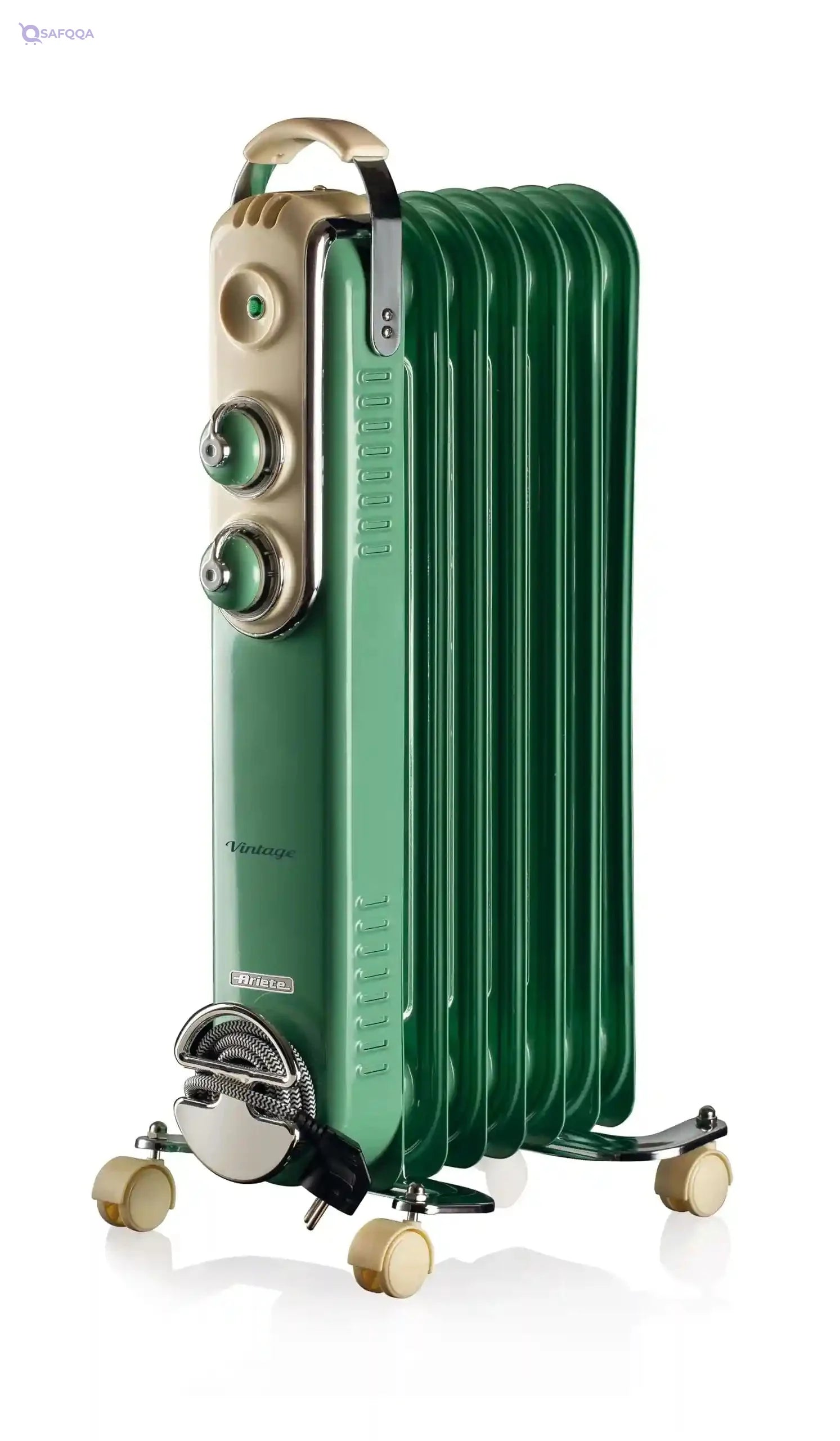 Ariete Vintage Oil Radiator, 7 Heating Elements, 1500W, 3 Power Levels, Handle and Wheels for Easy Transport, Green (By De'longhi Group) Frame may be gold or silver - Safqqa Egypt