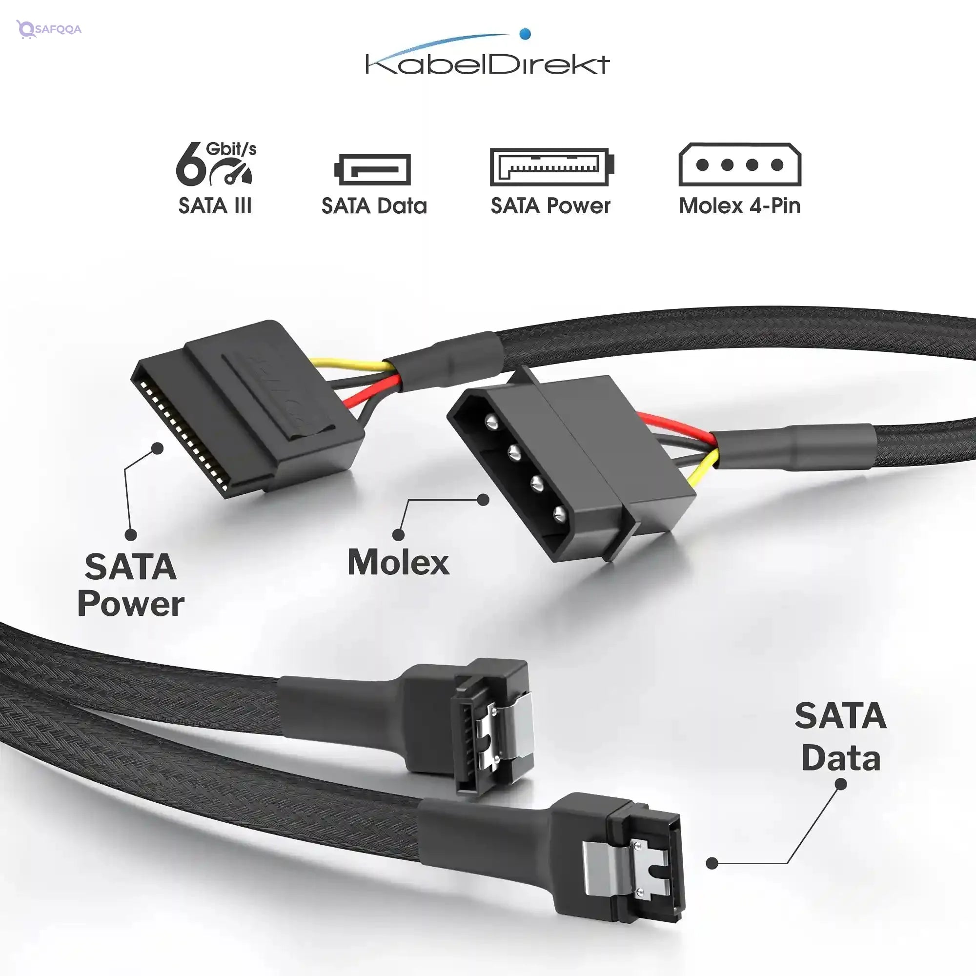 KabelDirekt 827 0.6m 30cm 4-pin Molex to 15-pin SATA power cable + 60cm 7-pin 3 data 6 Gbit/s angled 90 ° black - Safqqa Egypt