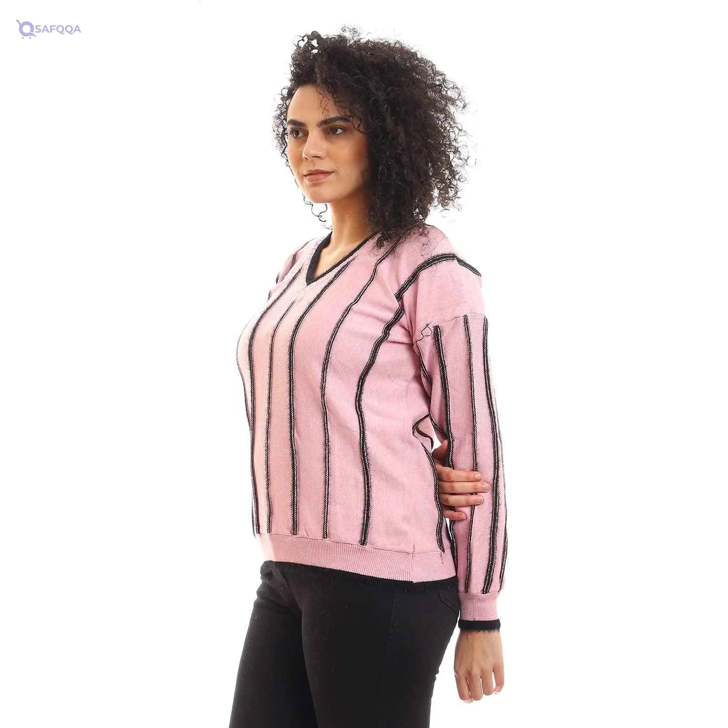 Andora Women’s Wide Striped V-Neck Slip-On Free Size Pullover Sweater - Safqqa
