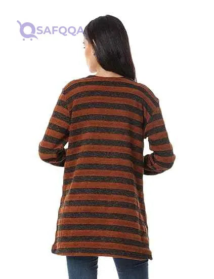 Jamila Women Striped Front Pockets Long Sleeves Open Cotton Cardigan - Safqqa