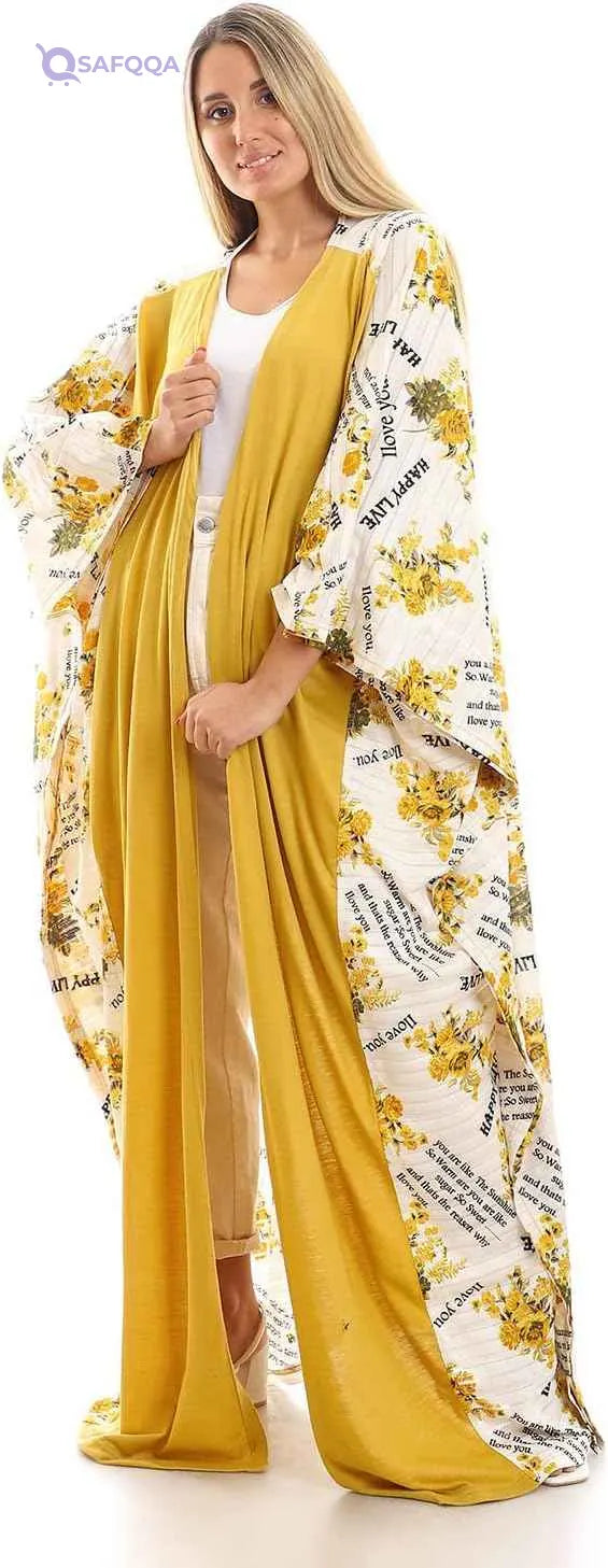 JAMILA Women's Short Sleeves Slip-On Self-Printed Long Kimono Robe - Safqqa Egypt