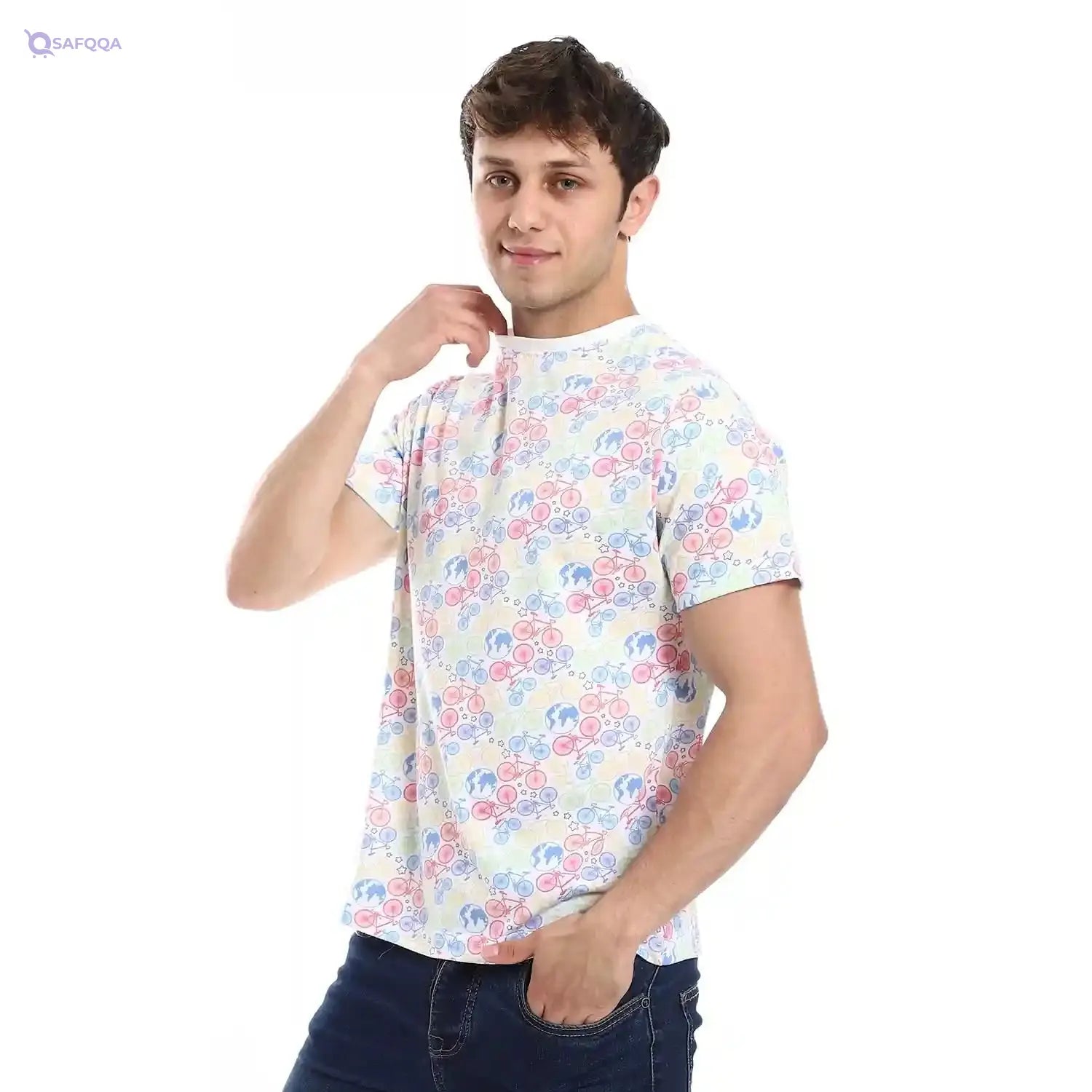 Andora Round Neck Self Pattern Basic Cotton T-Shirt-White-M, Mens - Safqqa Egypt