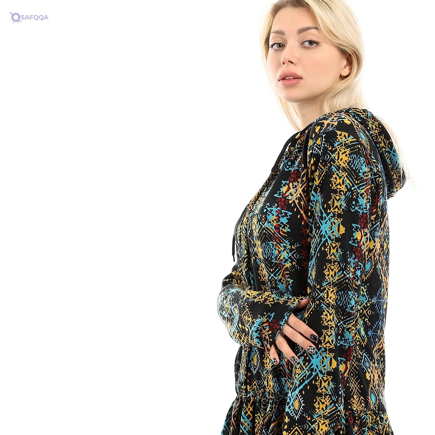 Andora womens Hi-Low Ruffle Trim Patterned Winter Shirt - Dark Yellow & Black Blouse - Safqqa