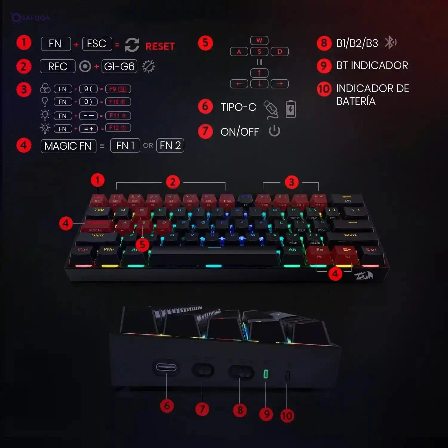 Redragon K530 Draconic 60% Compact Rgb Wireless Mechanical Keyboard, 61 Keys Tkl Designed 5.0 Bluetooth Gaming Keyboard With Brown Switches And 16.8 Million Rgb Lighting For Pc, Laptop, Cell Phone - Safqqa