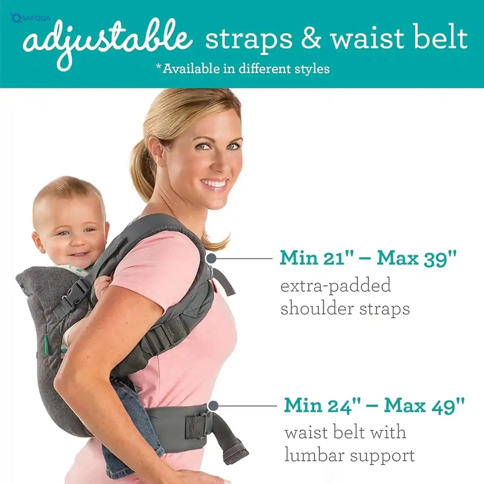 Infantino 4-in-1 convertible baby carrier facing-in (narrow seat), facing-in (wide seat), facing-out and back pack Extra padded shoulder pads with Wonder cover - Safqqa