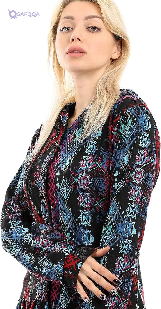 Andora Women’s Patterned Winter Blouse with Hi-Low Ruffle Hem - Safqqa