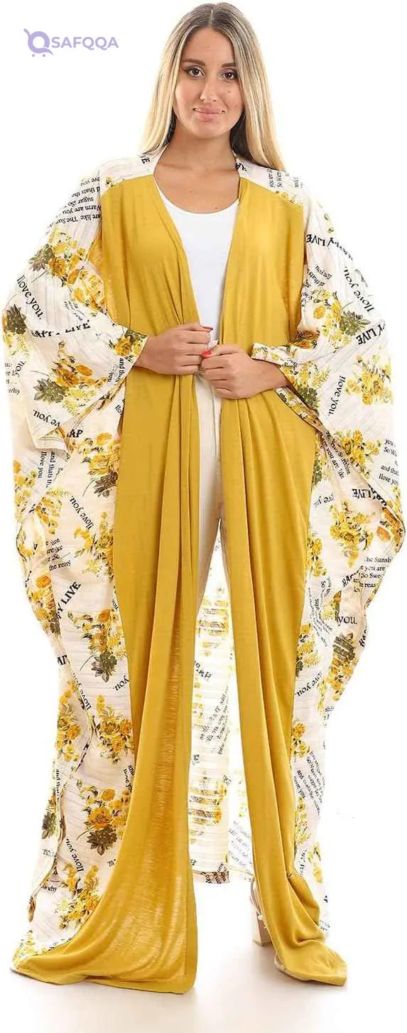 JAMILA Women's Short Sleeves Slip-On Self-Printed Long Kimono Robe - Safqqa Egypt