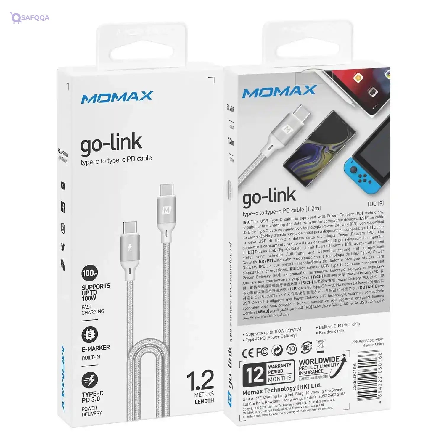 Momax Dc19 Go Link Usb-C To Usb-C Cable [100W] 20V/5A Power Delivery 3.0 Fast Charge Nylon Braided With Built-In E-Marker (1.2M) – Silver - Safqqa