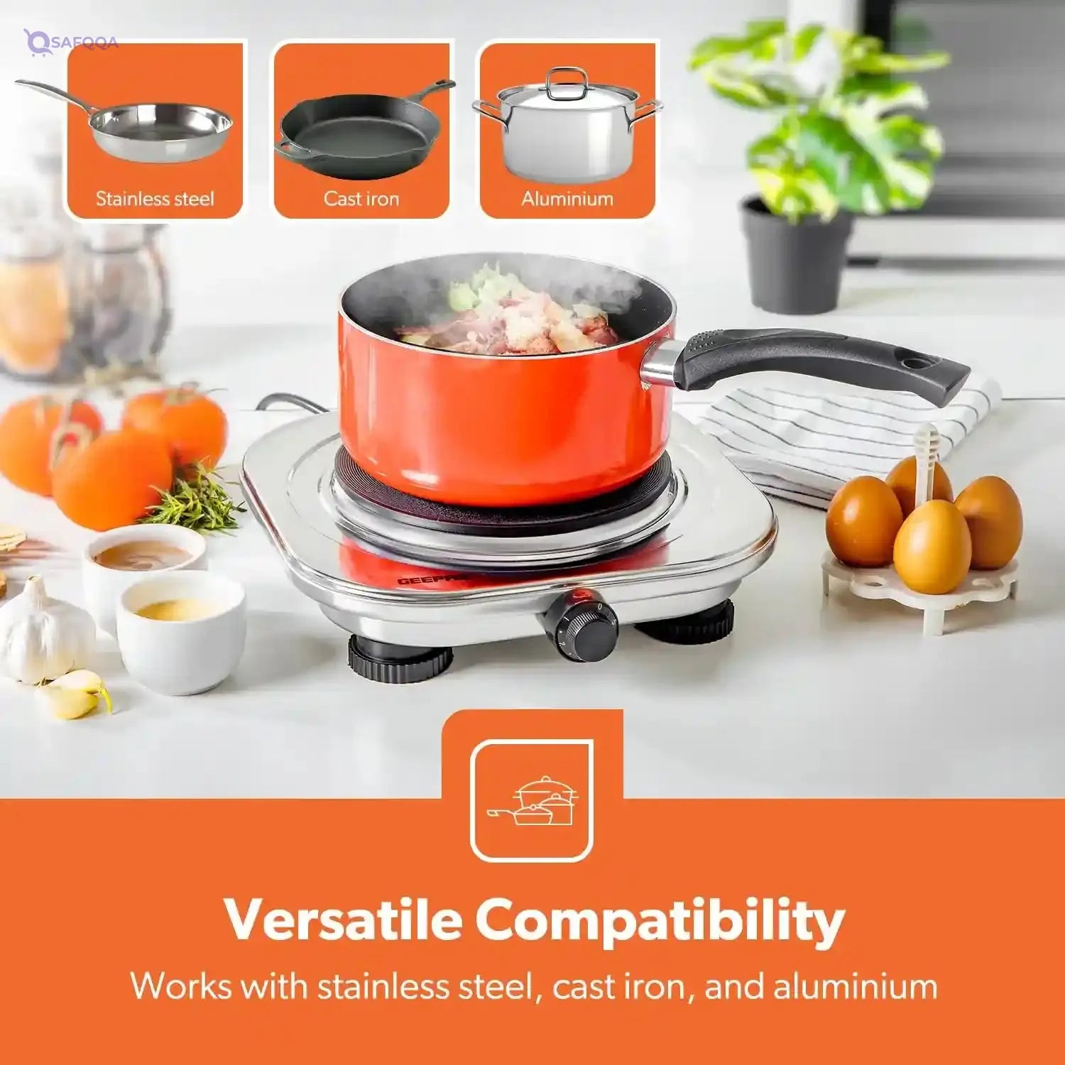 Geepas Stainless Steel Single Hot Plate – 1500W, Adjustable Temperature Control, Overheat Protection (GHP32023) - Safqqa