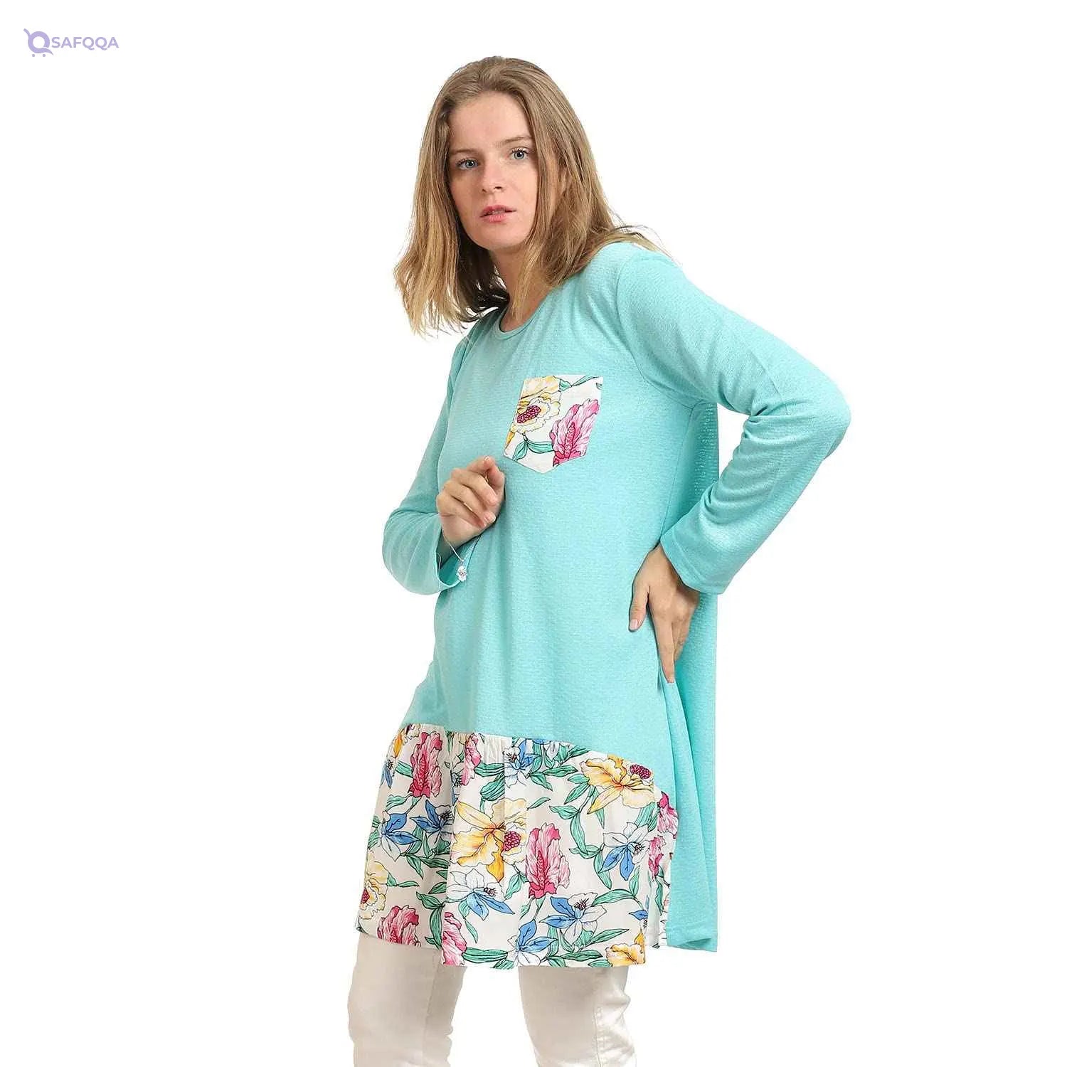 Kady Women crew Neck Solid Tunic Top With Floral Trim - Safqqa Egypt