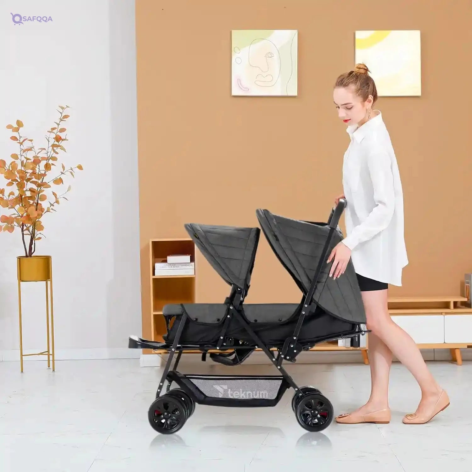 TEKNUM Double Baby Stroller Pram + Diaper Bag wt Stroller Hooks & Changing Mat + Pouch Wide Seat and Canopy Big Basket 5 Point Seat Belt Cushioned Seat (6-36 Months ) -Dark Grey - Safqqa