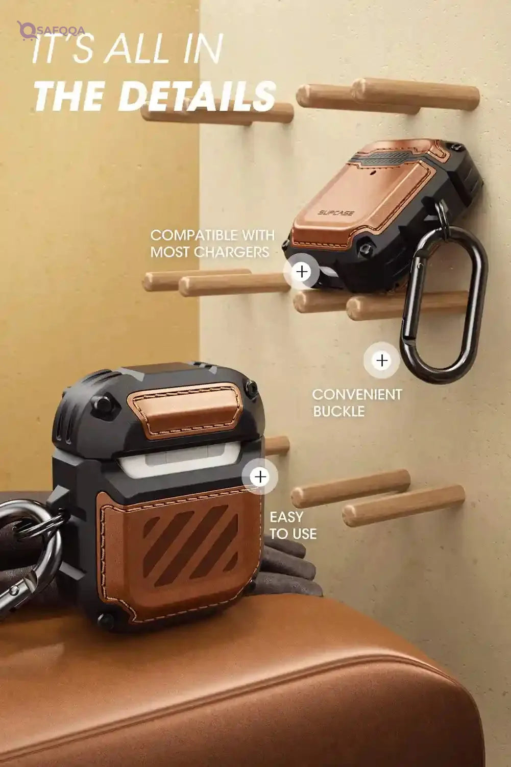 Supcase unicorn beetle royal series case designed for airpods 1 & 2, full-body rugged protective cover case with carabiner for apple airpods 1st & 2nd (brown) - Safqqa Egypt