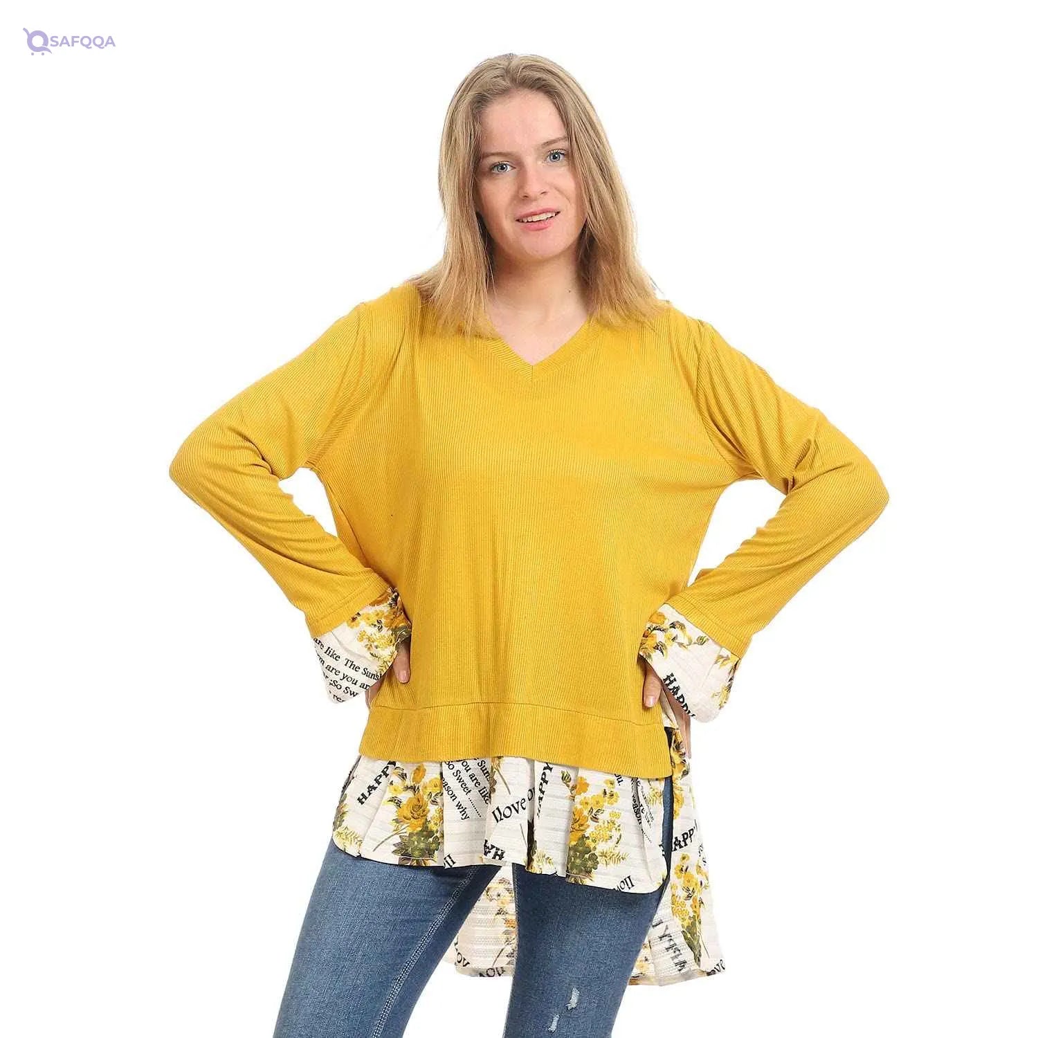 kady-Women-High-Low V-Neck Blouse With Floral Trim - Safqqa Egypt