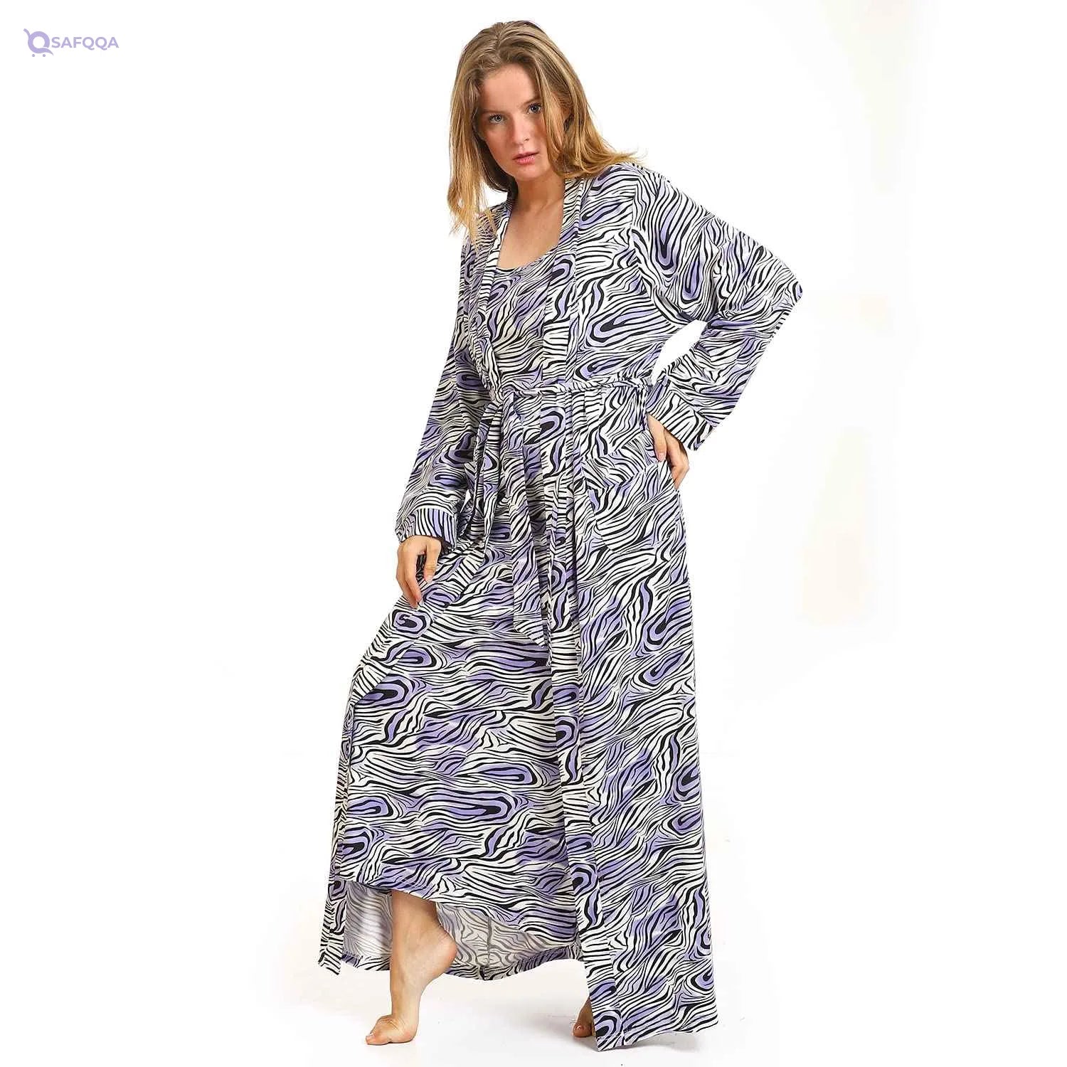 Kady Women Spaghetti Sleeves Zebra Long Nightgown With Robe - Safqqa Egypt