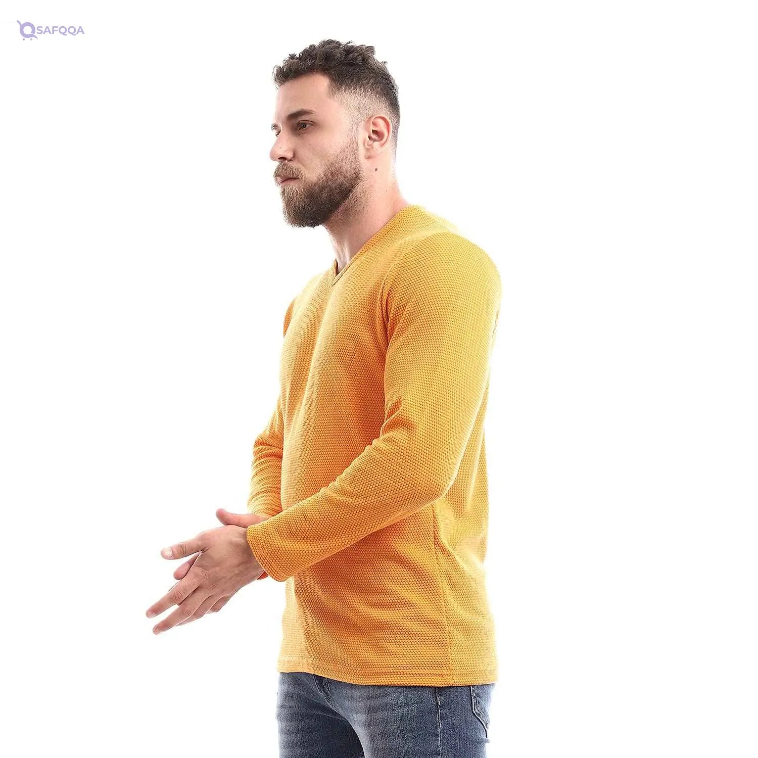 Off Cliff Men’s Plain V-Neck Long Sleeve Casual T-Shirt - Safqqa