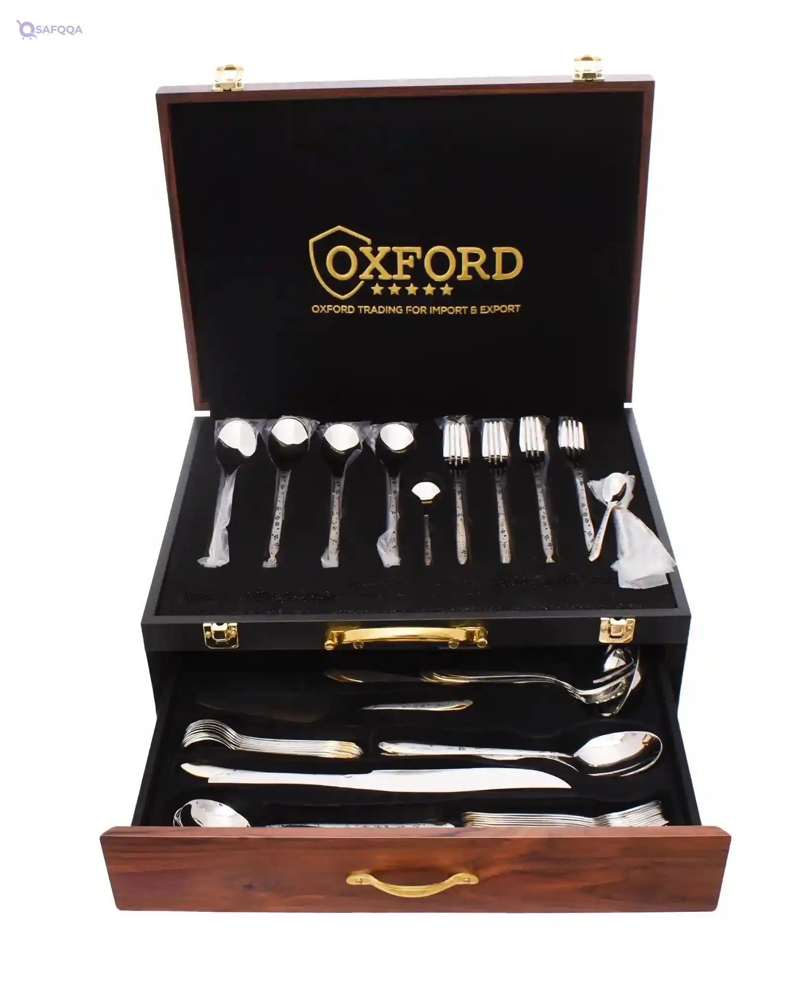 Oxford MD-35GL Stainless Steel Spoon 85-Pieces Set with Wood and Leather Bag, Silver - Safqqa