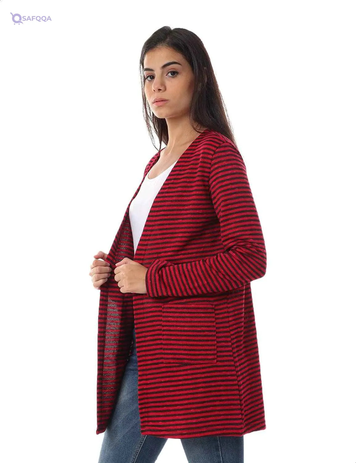 Jamila Women Hairline Stripes Front Pockets Long Sleeves Open Cotton Cardigan - Safqqa