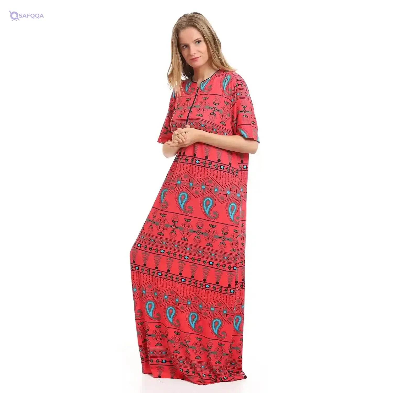 Kady Women's Long Printed Nightdress with Zipper and Round Neck - Safqqa Egypt