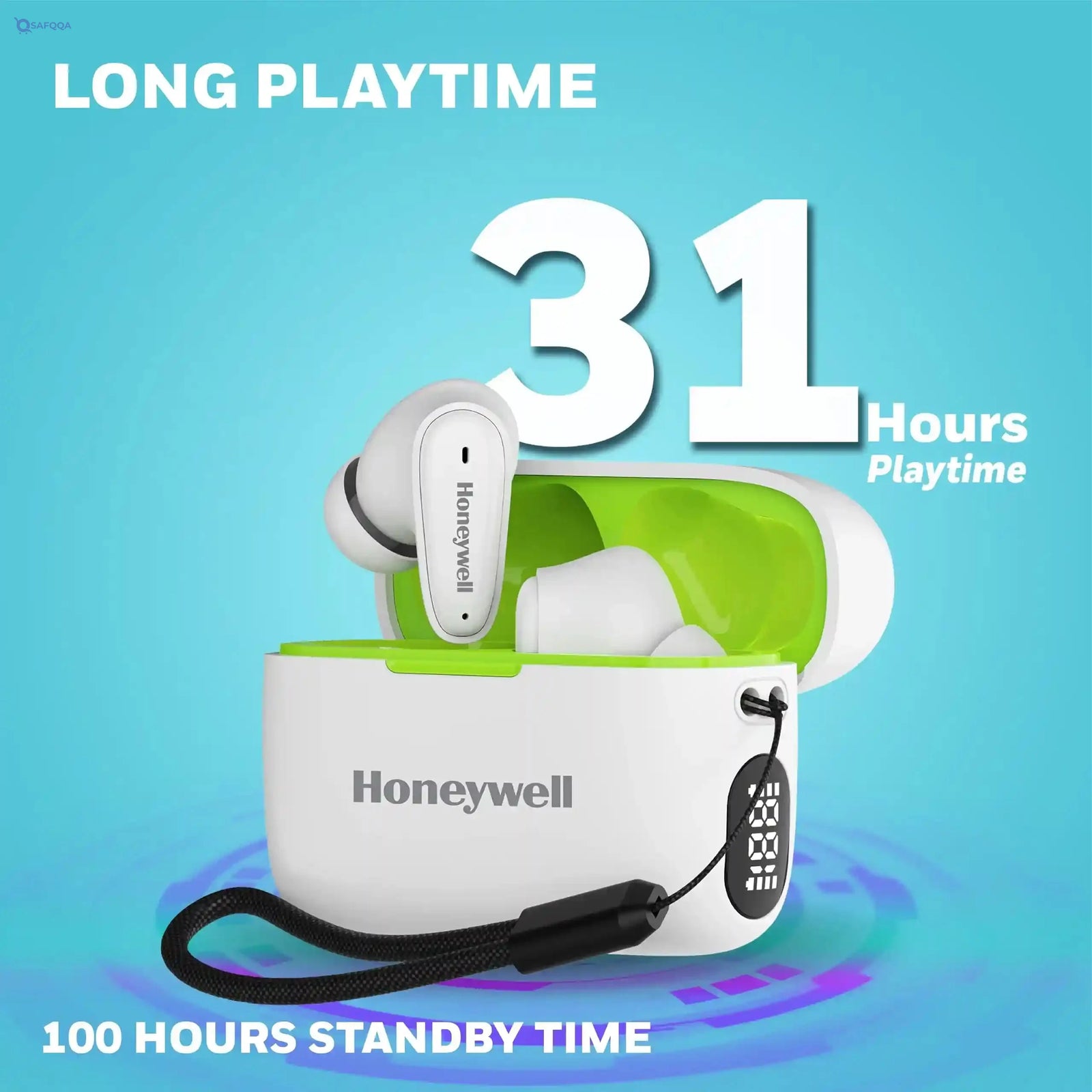 Honeywell  V1100, in-Ear True Wireless Stereo Earbuds with Digital Battery Display Case, Dual Microphones, Bluetooth V5.3, 31 Hours of Playtime, 100 Hours Stand-by, Fast Charging, White - Safqqa