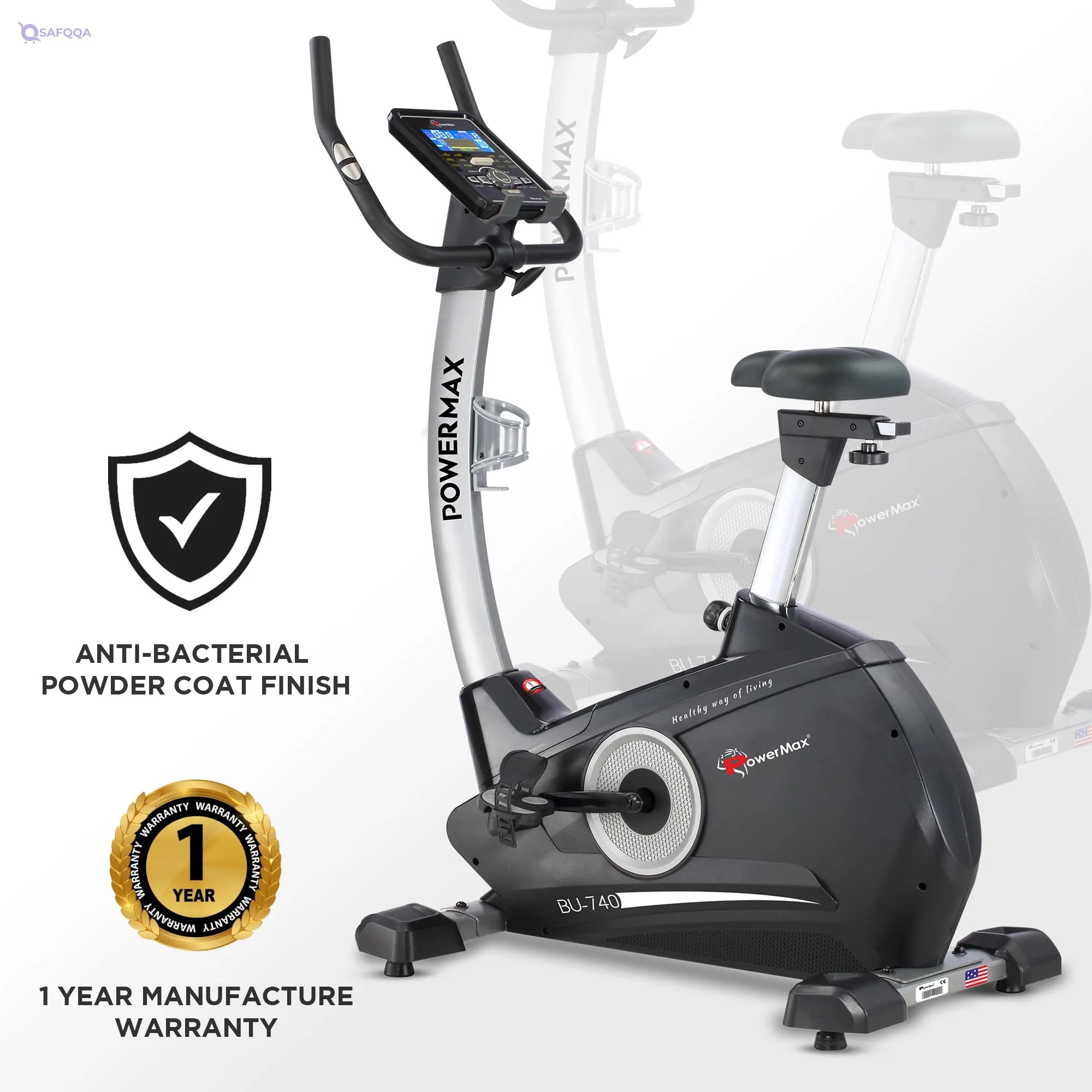 PowerMax Fitness BU-740 Upright Exercise Bike for Home Use – 8Kg Flywheel, 120kg Capacity, LCD Display, 10-Level Resistance - Safqqa