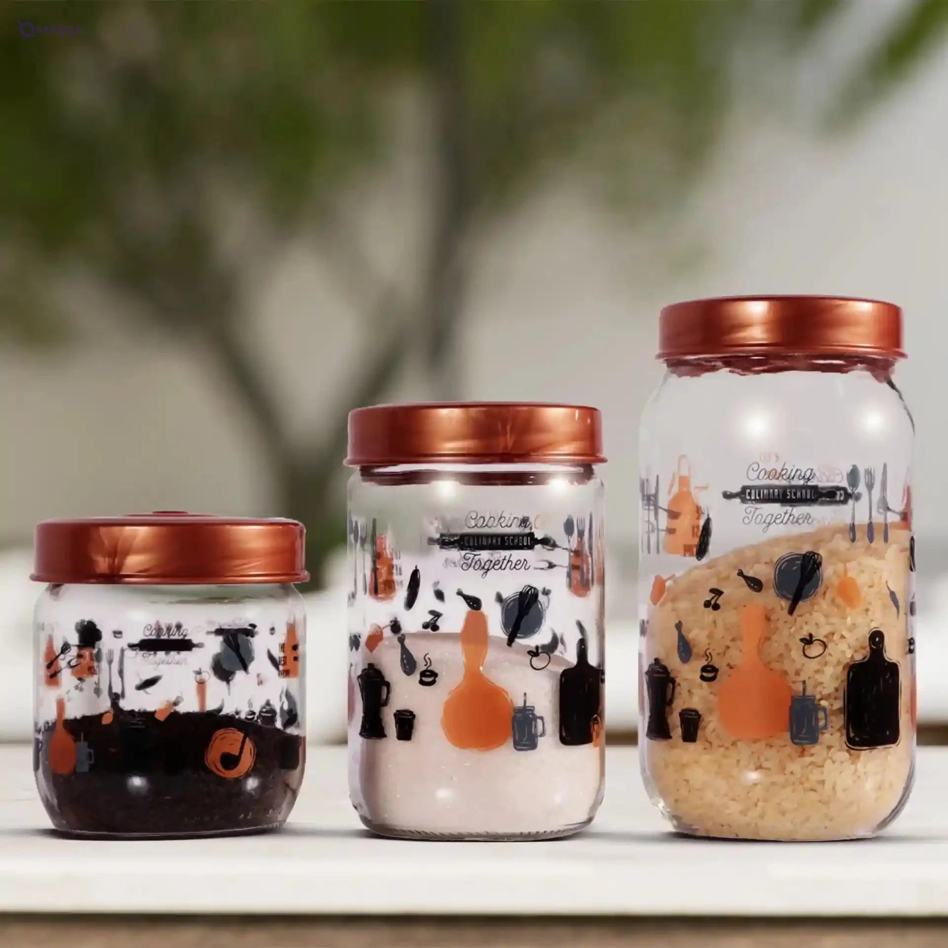 Herevin Let's Cooking Print Decorated Canister Set 3-Pieces, 425, 660 and 1000 ml Capacity, Gold - Safqqa