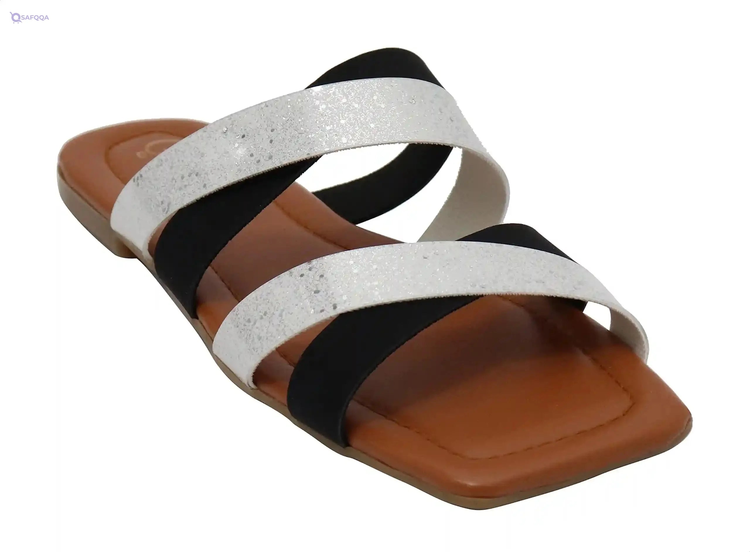 Glitter Criss-Cross Strap Flat Square Toe Slides For Women - Safqqa Egypt