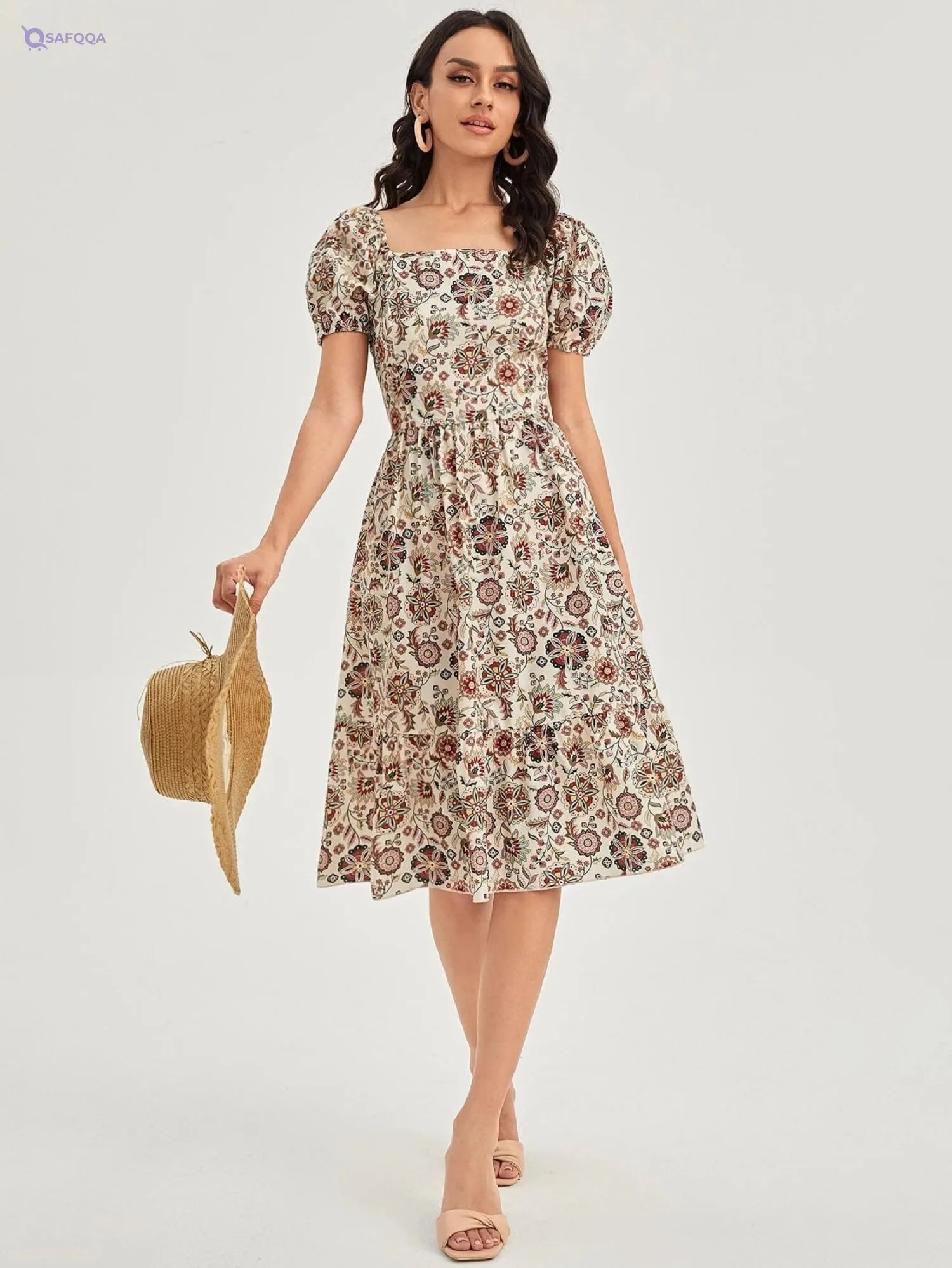 Lymio Women's Square Neck Half Sleeve Polyester Dress - Safqqa