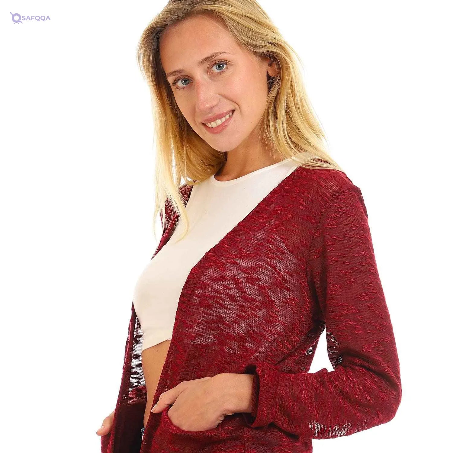Jamila Women’s Self-Patterned Long Cardigan Sweater with Open Neckline - Safqqa