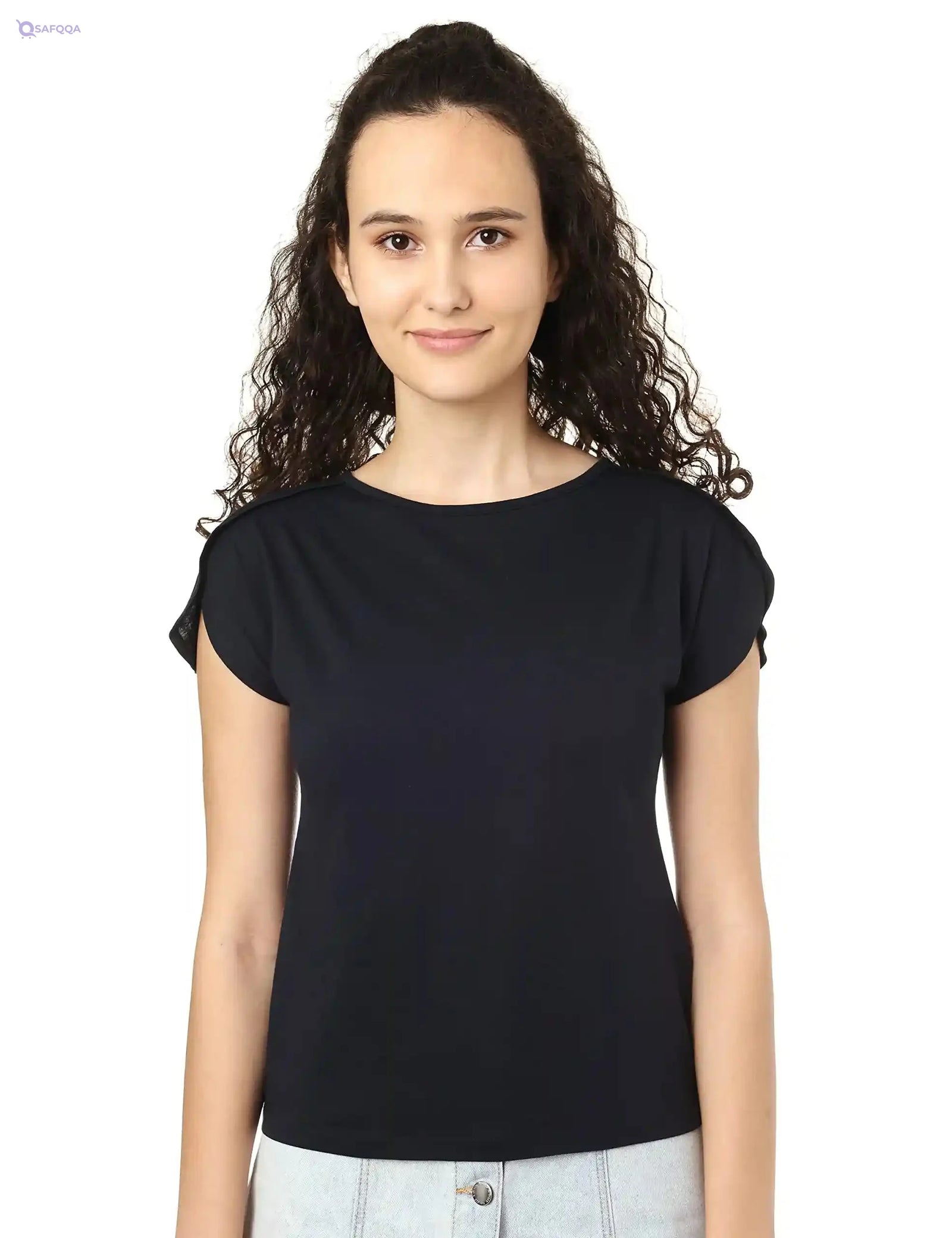 Splash Basic Solid Round-Neck Split Short Sleeves T-shirt For Women - Safqqa Egypt
