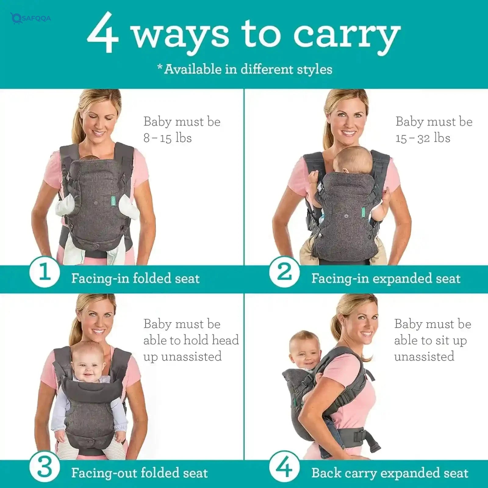 Infantino 4-in-1 convertible baby carrier facing-in (narrow seat), facing-in (wide seat), facing-out and back pack Extra padded shoulder pads with Wonder cover - Safqqa
