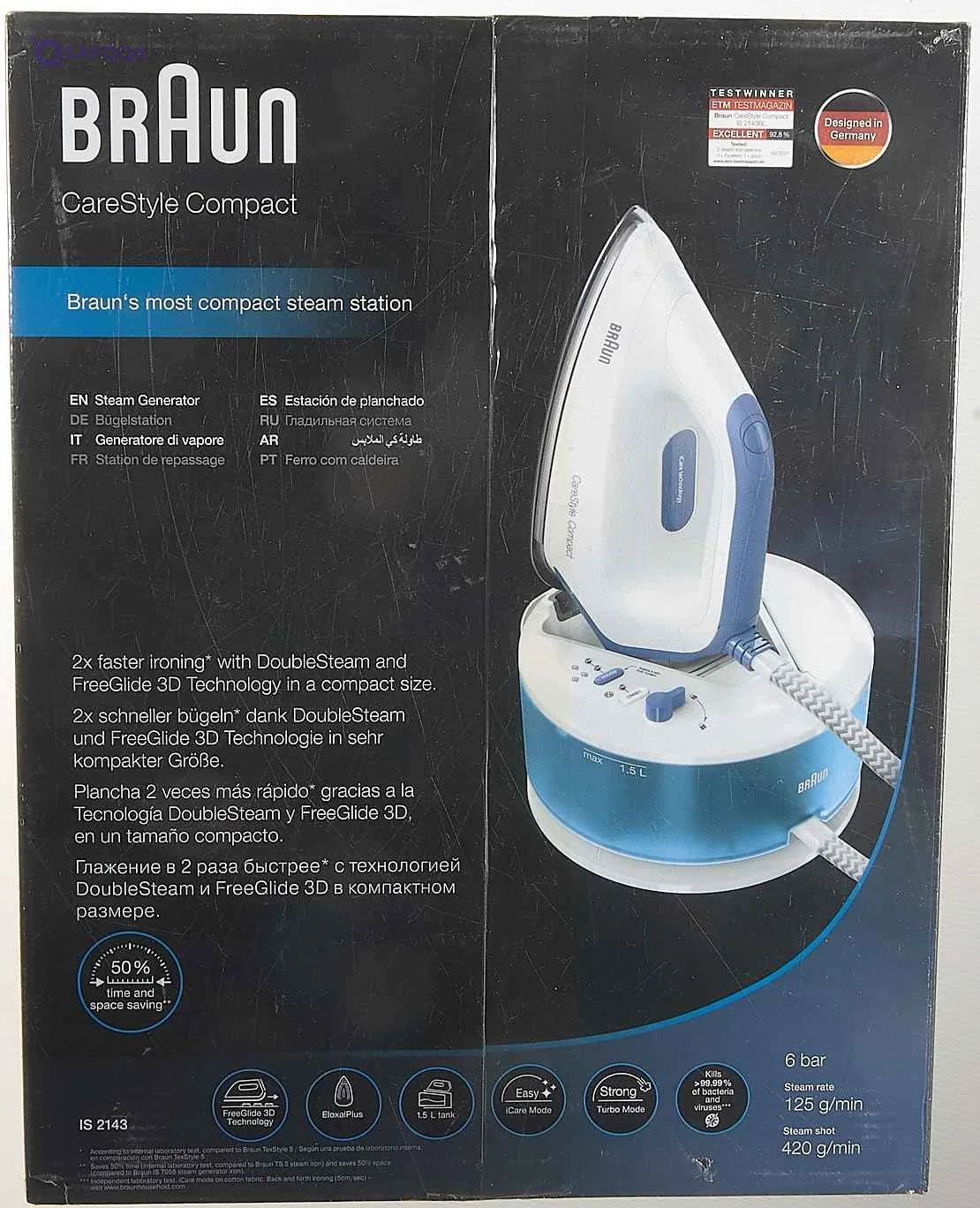 Braun IS2143BL Steam Generator, FreeGlide 3D Steam Iron with Sole, 5.5 bar Pressure, Large 1.5 L Water Tank, Eco Function, White/Blue - Safqqa