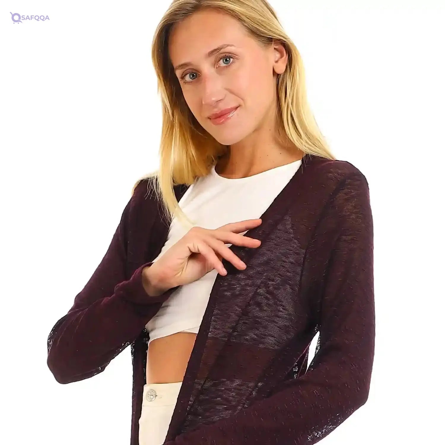 JAMILA Women Self Patterned Open Neckline Long Cardigan SWEATER - Safqqa