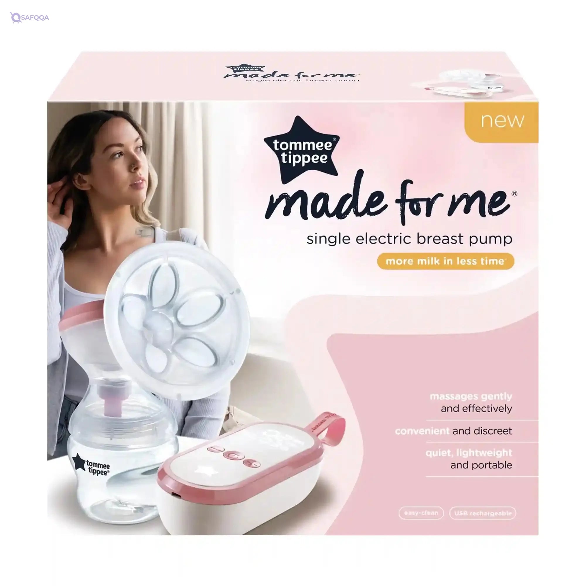 Tommee Tippee Made for Me Single Electric Breast Pump, Strong Suction, Soft Feel, USB Rechargeable, Quiet, Portable, Express Modes, Baby Bottle Included - Safqqa Egypt